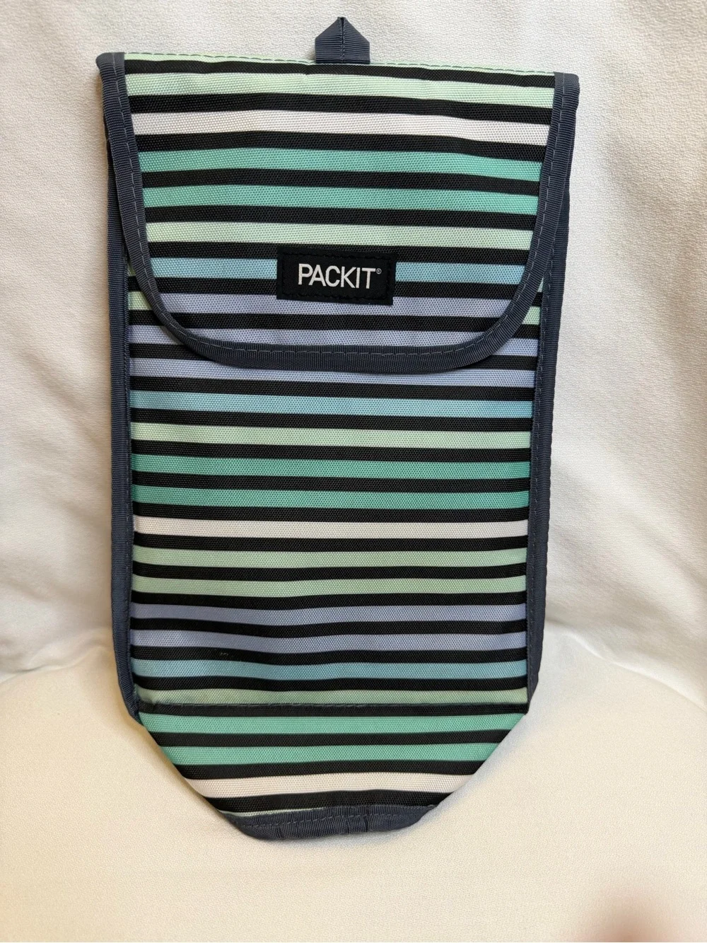 PackIt Freezable Insulated Wine Bottle Cooler Bag Tote Pastel Mint Blue Striped